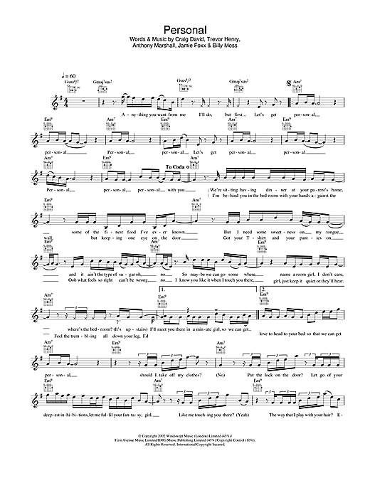 Preview Craig David Personal R & B sheet music, notes and chords for Melody Line, Lyrics & Chords, SKU: 25819 sheet music, piano notes, chords, guitar tabs, score, transpose, transcribe, how to play, guide, download, learn, tutorial, progression, song, artist, awards, billboard, mtv, vh1, tour, single, album, release
