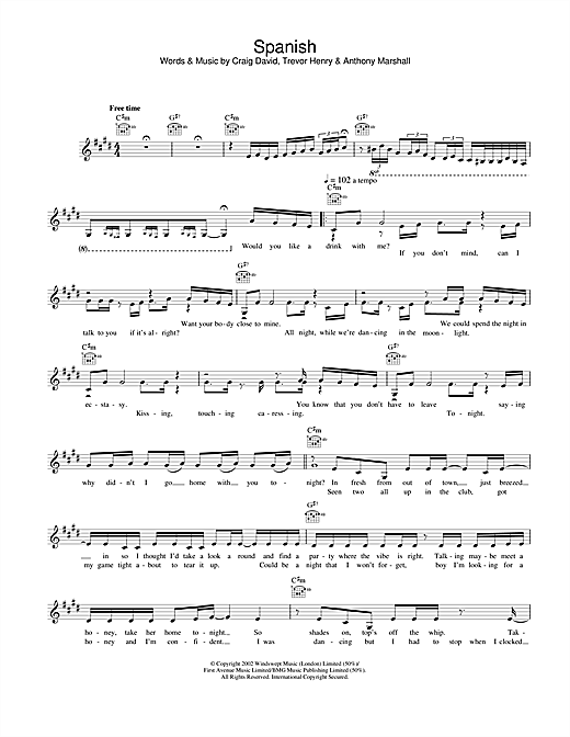 Preview Craig David Spanish R & B sheet music, notes and chords for Melody Line, Lyrics & Chords, SKU: 25821 sheet music, piano notes, chords, guitar tabs, score, transpose, transcribe, how to play, guide, download, learn, tutorial, progression, song, artist, awards, billboard, mtv, vh1, tour, single, album, release