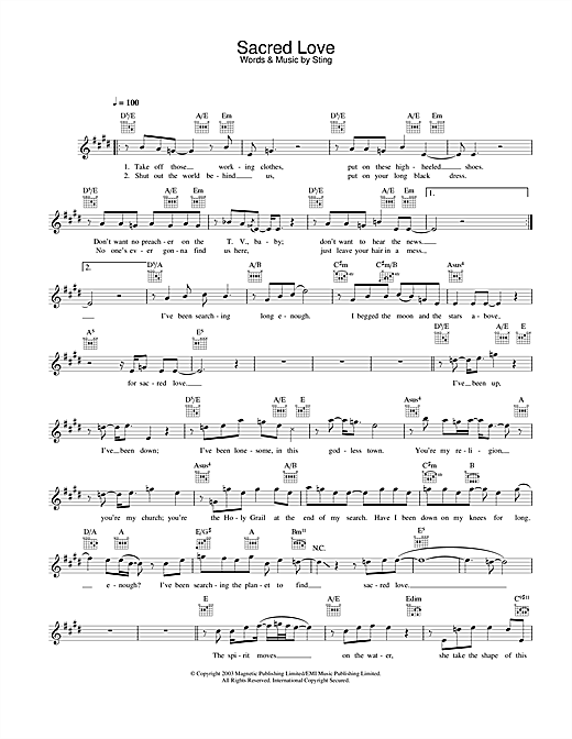 Preview Sting Sacred Love Rock sheet music, notes and chords for Melody Line, Lyrics & Chords, SKU: 25822 sheet music, piano notes, chords, guitar tabs, score, transpose, transcribe, how to play, guide, download, learn, tutorial, progression, song, artist, awards, billboard, mtv, vh1, tour, single, album, release