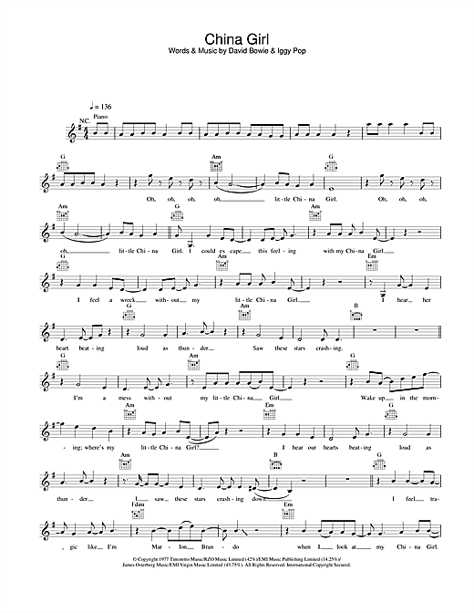 Preview David Bowie China Girl Rock sheet music, notes and chords for Melody Line, Lyrics & Chords, SKU: 25825 sheet music, piano notes, chords, guitar tabs, score, transpose, transcribe, how to play, guide, download, learn, tutorial, progression, song, artist, awards, billboard, mtv, vh1, tour, single, album, release