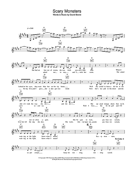 Preview David Bowie Scary Monsters Rock sheet music, notes and chords for Melody Line, Lyrics & Chords, SKU: 25826 sheet music, piano notes, chords, guitar tabs, score, transpose, transcribe, how to play, guide, download, learn, tutorial, progression, song, artist, awards, billboard, mtv, vh1, tour, single, album, release
