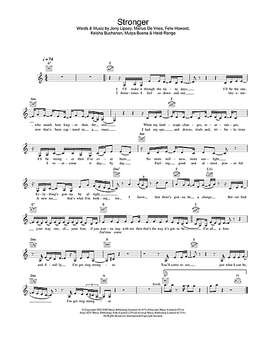 Preview Sugababes Stronger R & B sheet music, notes and chords for Melody Line, Lyrics & Chords, SKU: 25828 sheet music, piano notes, chords, guitar tabs, score, transpose, transcribe, how to play, guide, download, learn, tutorial, progression, song, artist, awards, billboard, mtv, vh1, tour, single, album, release
