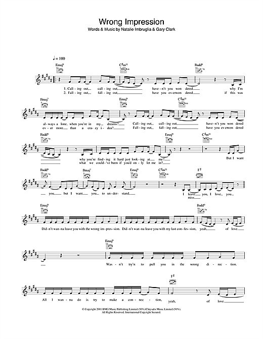Preview Natalie Imbruglia Wrong Impression Pop sheet music, notes and chords for Melody Line, Lyrics & Chords, SKU: 25829 sheet music, piano notes, chords, guitar tabs, score, transpose, transcribe, how to play, guide, download, learn, tutorial, progression, song, artist, awards, billboard, mtv, vh1, tour, single, album, release