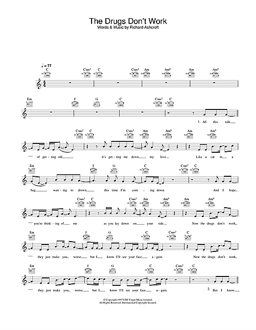 Preview The Verve The Drugs Don’t Work Rock sheet music, notes and chords for Melody Line, Lyrics & Chords, SKU: 25830 sheet music, piano notes, chords, guitar tabs, score, transpose, transcribe, how to play, guide, download, learn, tutorial, progression, song, artist, awards, billboard, mtv, vh1, tour, single, album, release