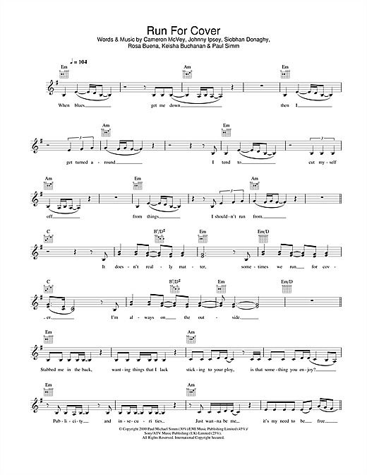 Preview Sugababes Run For Cover R & B sheet music, notes and chords for Melody Line, Lyrics & Chords, SKU: 25833 sheet music, piano notes, chords, guitar tabs, score, transpose, transcribe, how to play, guide, download, learn, tutorial, progression, song, artist, awards, billboard, mtv, vh1, tour, single, album, release