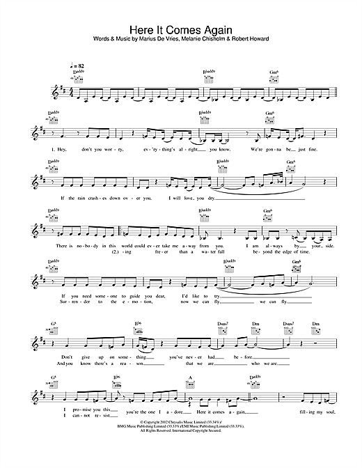 Preview Melanie C Here It Comes Again Pop sheet music, notes and chords for Melody Line, Lyrics & Chords, SKU: 25834 sheet music, piano notes, chords, guitar tabs, score, transpose, transcribe, how to play, guide, download, learn, tutorial, progression, song, artist, awards, billboard, mtv, vh1, tour, single, album, release