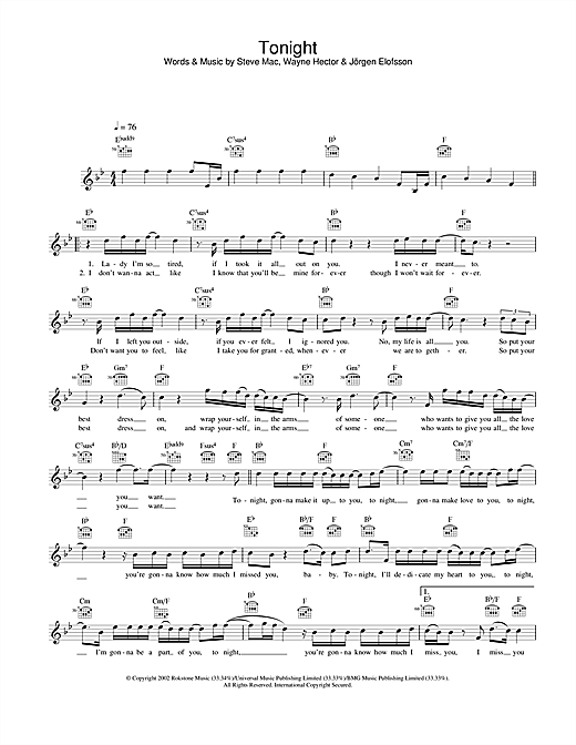Preview Westlife Tonight Pop sheet music, notes and chords for Melody Line, Lyrics & Chords, SKU: 25835 sheet music, piano notes, chords, guitar tabs, score, transpose, transcribe, how to play, guide, download, learn, tutorial, progression, song, artist, awards, billboard, mtv, vh1, tour, single, album, release