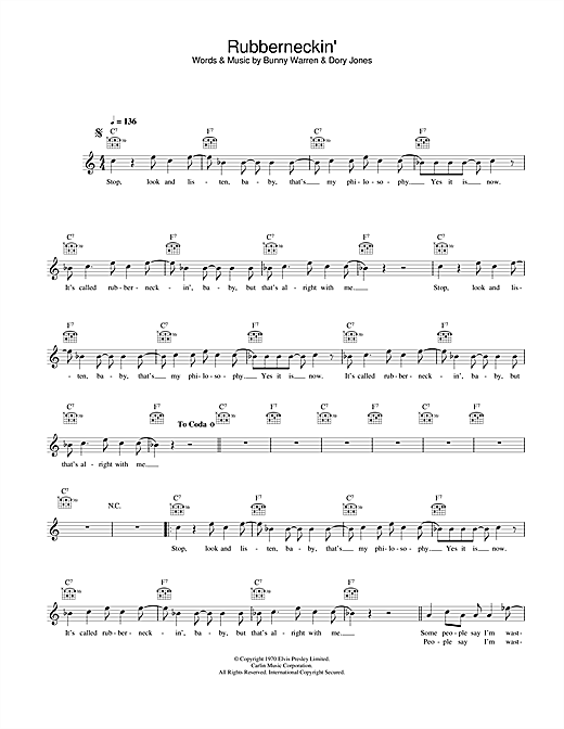 Preview Elvis Presley Rubberneckin' Pop sheet music, notes and chords for Melody Line, Lyrics & Chords, SKU: 25841 sheet music, piano notes, chords, guitar tabs, score, transpose, transcribe, how to play, guide, download, learn, tutorial, progression, song, artist, awards, billboard, mtv, vh1, tour, single, album, release
