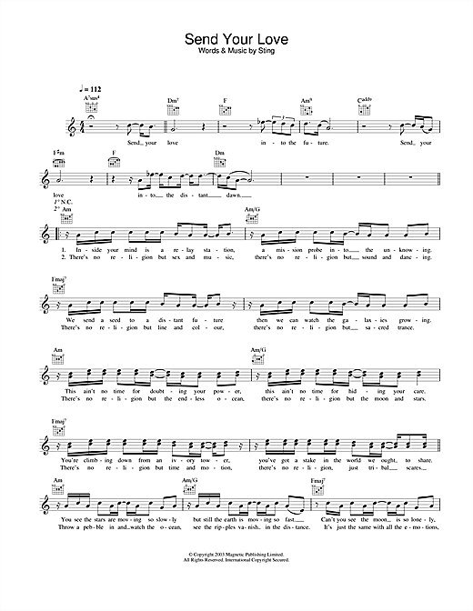 Preview Sting Send Your Love Rock sheet music, notes and chords for Melody Line, Lyrics & Chords, SKU: 25842 sheet music, piano notes, chords, guitar tabs, score, transpose, transcribe, how to play, guide, download, learn, tutorial, progression, song, artist, awards, billboard, mtv, vh1, tour, single, album, release