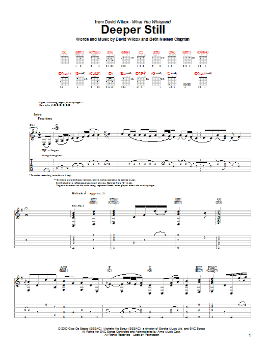 Preview David Wilcox Deeper Still Pop sheet music, notes and chords for Guitar Tab, SKU: 25844 sheet music, piano notes, chords, guitar tabs, score, transpose, transcribe, how to play, guide, download, learn, tutorial, progression, song, artist, awards, billboard, mtv, vh1, tour, single, album, release