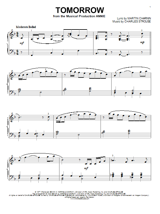 Preview Charles Strouse Tomorrow (from Annie) Broadway sheet music, notes and chords for Piano, SKU: 25853 sheet music, piano notes, chords, guitar tabs, score, transpose, transcribe, how to play, guide, download, learn, tutorial, progression, song, artist, awards, billboard, mtv, vh1, tour, single, album, release