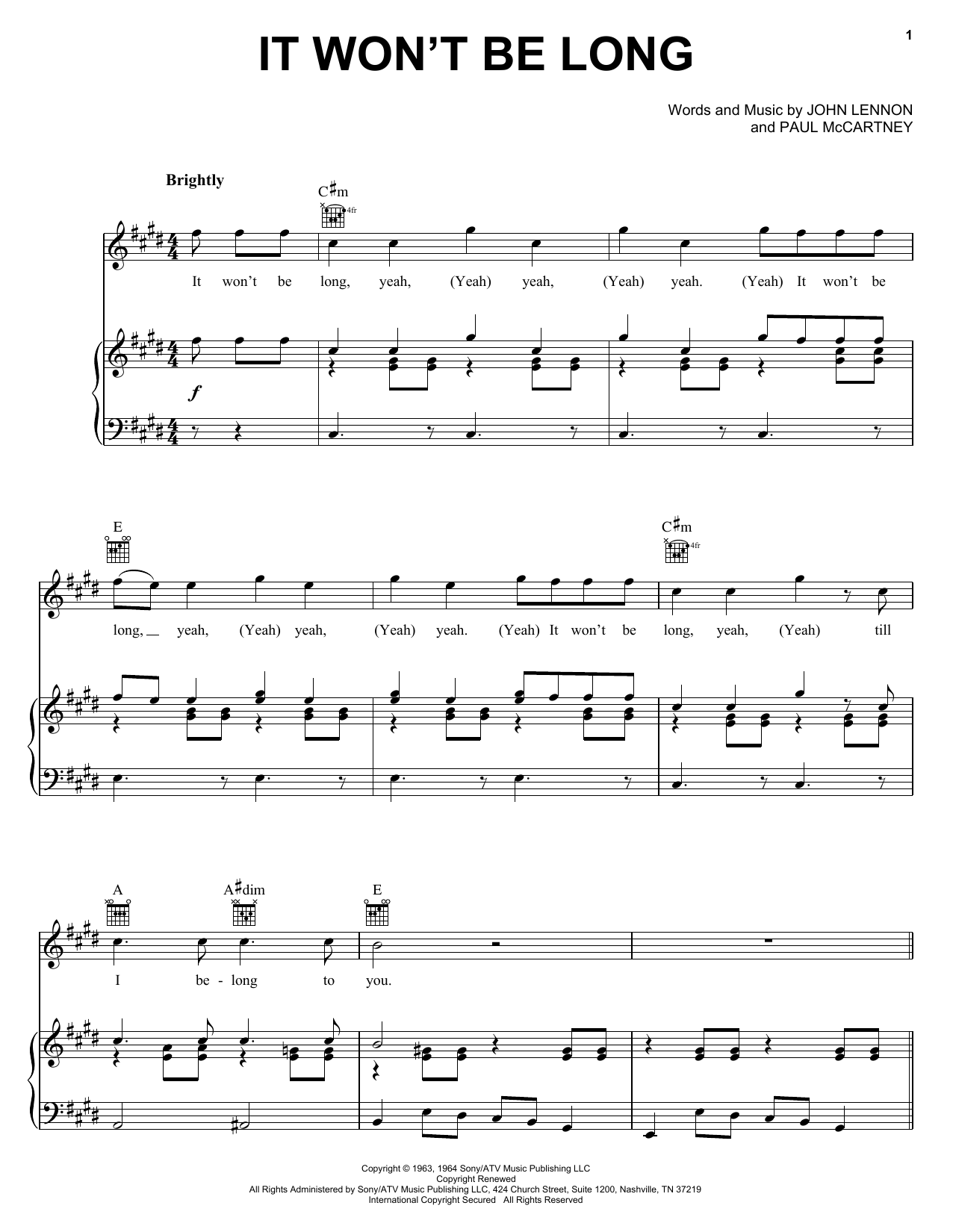Preview The Beatles It Won't Be Long Pop sheet music, notes and chords for Piano, Vocal & Guitar (Right-Hand Melody), SKU: 25854 sheet music, piano notes, chords, guitar tabs, score, transpose, transcribe, how to play, guide, download, learn, tutorial, progression, song, artist, awards, billboard, mtv, vh1, tour, single, album, release