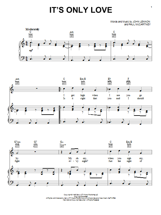 Preview The Beatles It's Only Love Rock sheet music, notes and chords for Piano, Vocal & Guitar (Right-Hand Melody), SKU: 25855 sheet music, piano notes, chords, guitar tabs, score, transpose, transcribe, how to play, guide, download, learn, tutorial, progression, song, artist, awards, billboard, mtv, vh1, tour, single, album, release