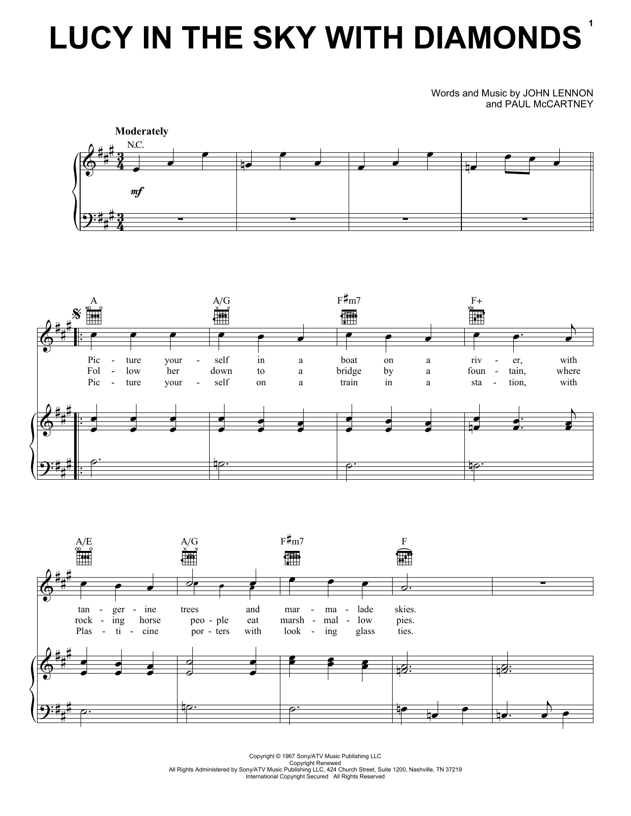Preview The Beatles Lucy In The Sky With Diamonds Pop sheet music, notes and chords for Piano, Vocal & Guitar (Right-Hand Melody), SKU: 25859 sheet music, piano notes, chords, guitar tabs, score, transpose, transcribe, how to play, guide, download, learn, tutorial, progression, song, artist, awards, billboard, mtv, vh1, tour, single, album, release