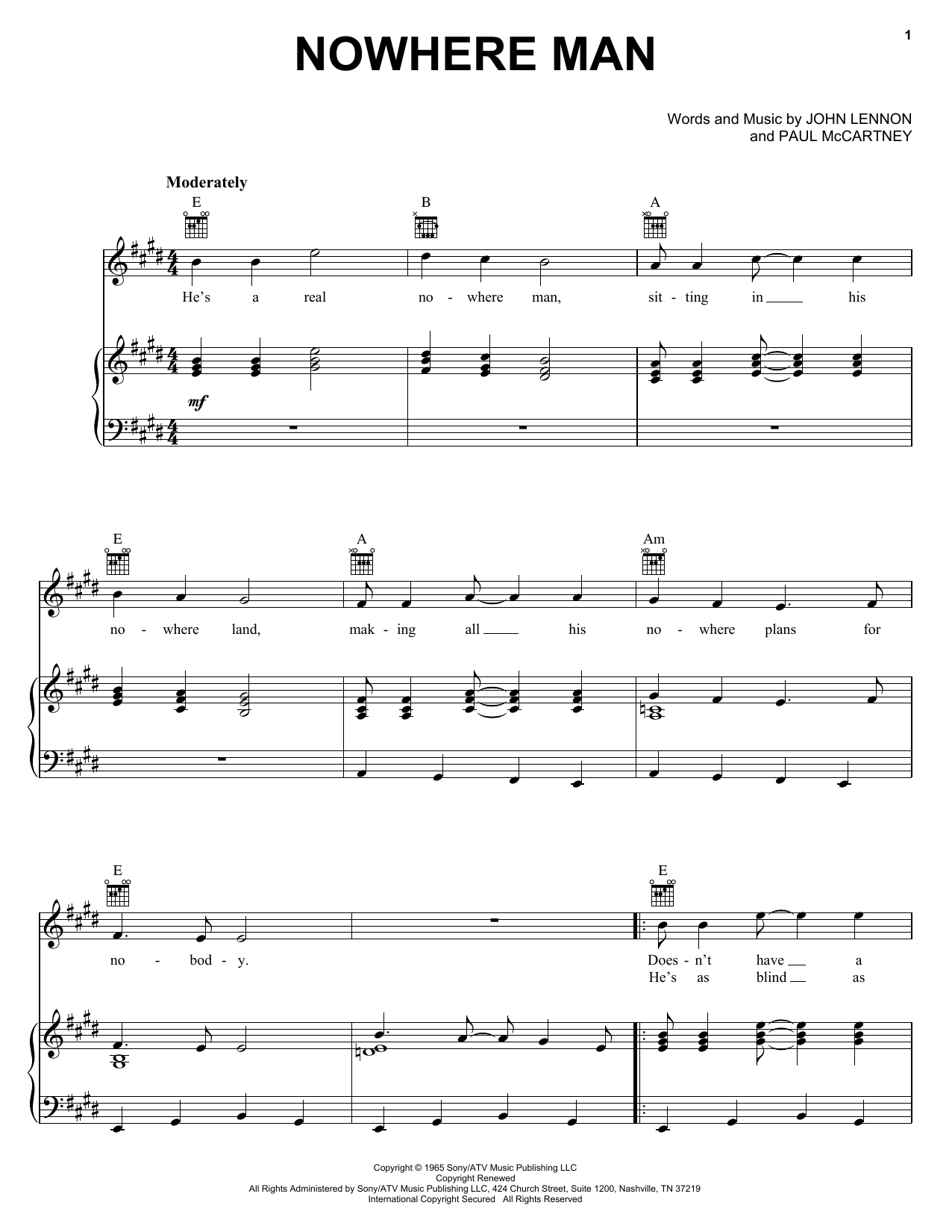 Preview The Beatles Nowhere Man Rock sheet music, notes and chords for Piano, Vocal & Guitar (Right-Hand Melody), SKU: 25861 sheet music, piano notes, chords, guitar tabs, score, transpose, transcribe, how to play, guide, download, learn, tutorial, progression, song, artist, awards, billboard, mtv, vh1, tour, single, album, release
