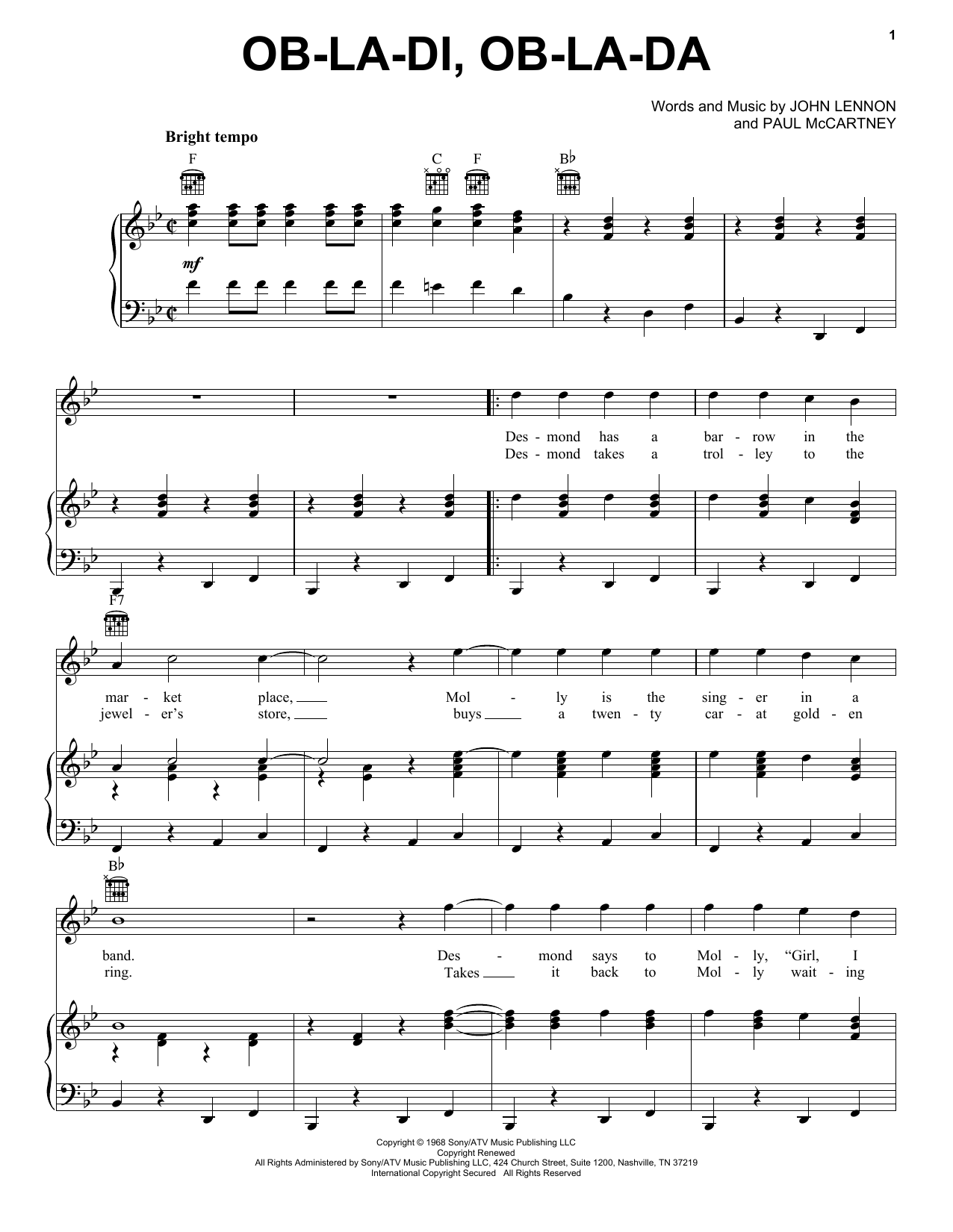 Preview The Beatles Ob-La-Di, Ob-La-Da Rock sheet music, notes and chords for Piano, Vocal & Guitar (Right-Hand Melody), SKU: 25862 sheet music, piano notes, chords, guitar tabs, score, transpose, transcribe, how to play, guide, download, learn, tutorial, progression, song, artist, awards, billboard, mtv, vh1, tour, single, album, release