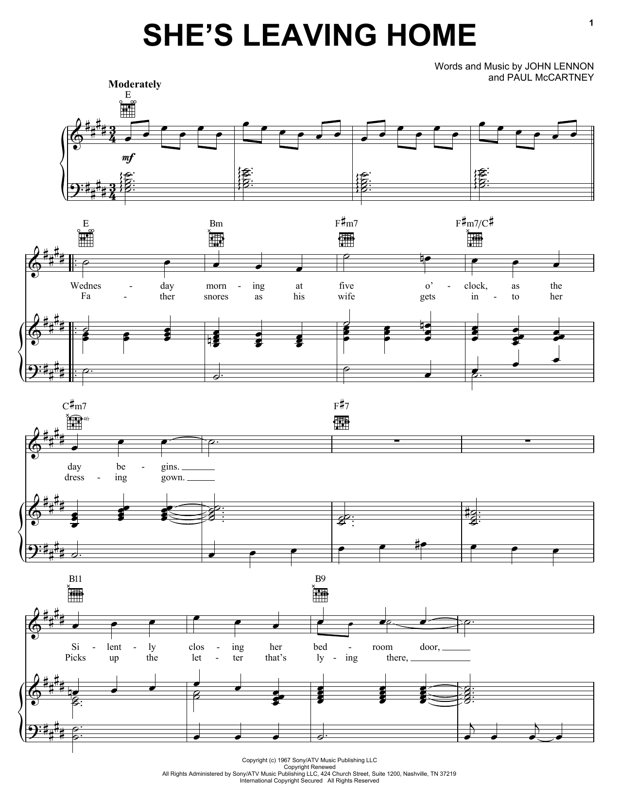 Preview The Beatles She's Leaving Home Rock sheet music, notes and chords for Piano, Vocal & Guitar (Right-Hand Melody), SKU: 25866 sheet music, piano notes, chords, guitar tabs, score, transpose, transcribe, how to play, guide, download, learn, tutorial, progression, song, artist, awards, billboard, mtv, vh1, tour, single, album, release