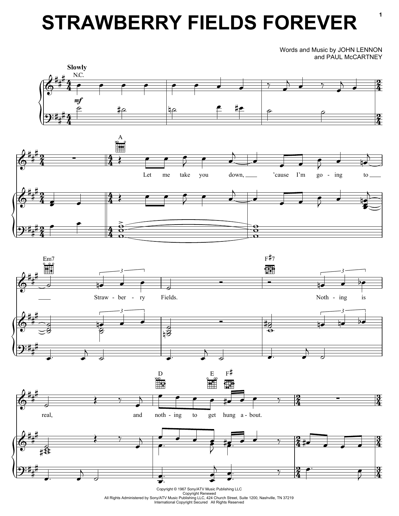 Preview The Beatles Strawberry Fields Forever Pop sheet music, notes and chords for Piano, Vocal & Guitar (Right-Hand Melody), SKU: 25867 sheet music, piano notes, chords, guitar tabs, score, transpose, transcribe, how to play, guide, download, learn, tutorial, progression, song, artist, awards, billboard, mtv, vh1, tour, single, album, release