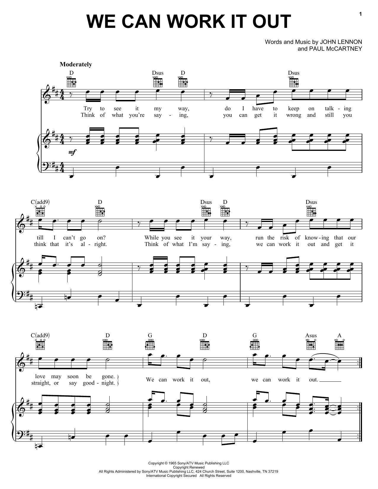 Preview The Beatles We Can Work It Out Rock sheet music, notes and chords for Piano, Vocal & Guitar (Right-Hand Melody), SKU: 25868 sheet music, piano notes, chords, guitar tabs, score, transpose, transcribe, how to play, guide, download, learn, tutorial, progression, song, artist, awards, billboard, mtv, vh1, tour, single, album, release