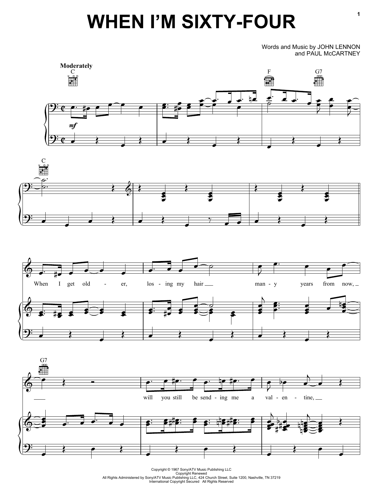 Preview The Beatles When I'm Sixty-Four Pop sheet music, notes and chords for Piano, Vocal & Guitar (Right-Hand Melody), SKU: 25869 sheet music, piano notes, chords, guitar tabs, score, transpose, transcribe, how to play, guide, download, learn, tutorial, progression, song, artist, awards, billboard, mtv, vh1, tour, single, album, release