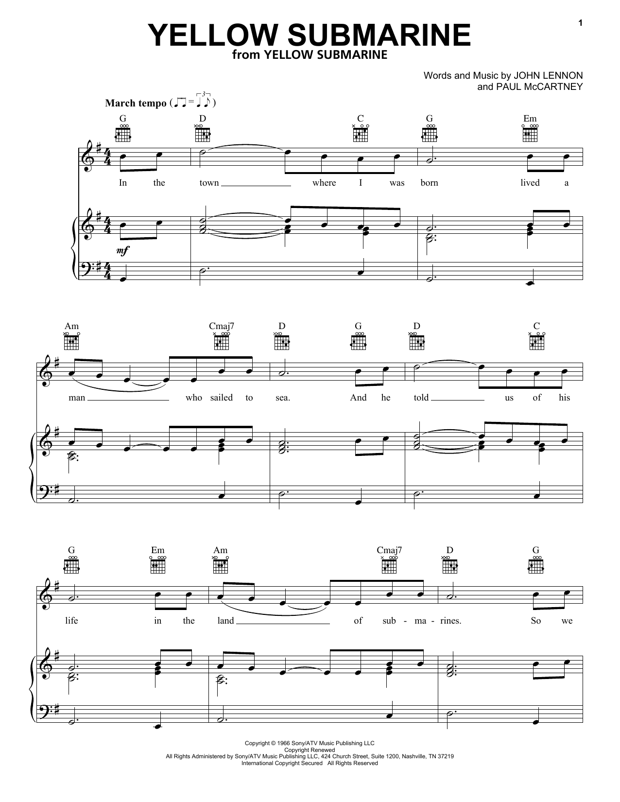 Preview The Beatles Yellow Submarine Pop sheet music, notes and chords for Piano, Vocal & Guitar (Right-Hand Melody), SKU: 25871 sheet music, piano notes, chords, guitar tabs, score, transpose, transcribe, how to play, guide, download, learn, tutorial, progression, song, artist, awards, billboard, mtv, vh1, tour, single, album, release
