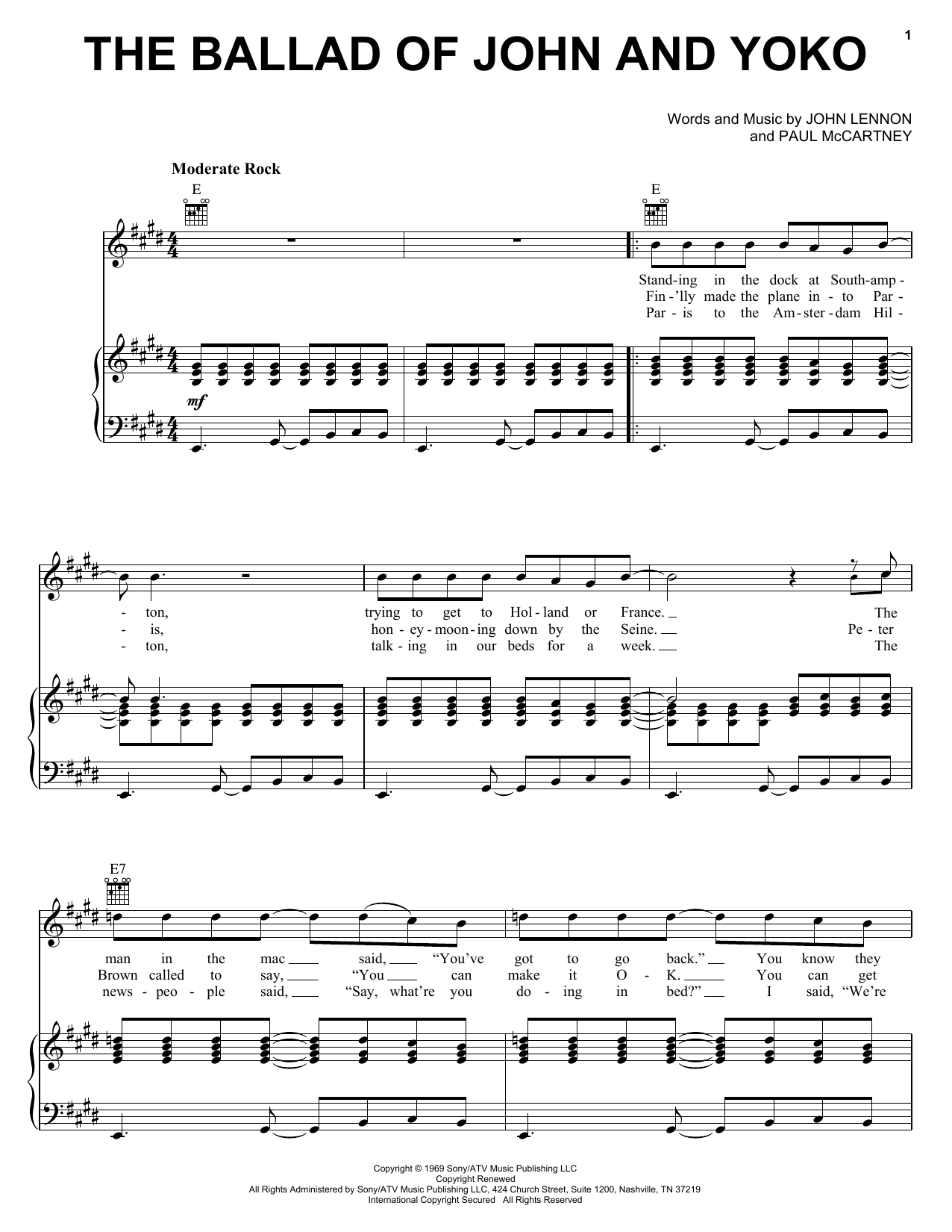 Preview The Beatles The Ballad Of John And Yoko Rock sheet music, notes and chords for Piano, Vocal & Guitar (Right-Hand Melody), SKU: 25874 sheet music, piano notes, chords, guitar tabs, score, transpose, transcribe, how to play, guide, download, learn, tutorial, progression, song, artist, awards, billboard, mtv, vh1, tour, single, album, release