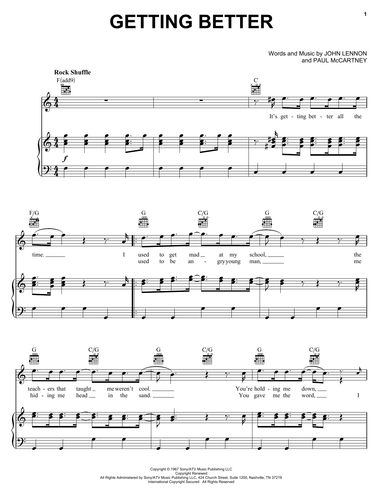 Preview The Beatles Getting Better Rock sheet music, notes and chords for Piano, Vocal & Guitar (Right-Hand Melody), SKU: 25875 sheet music, piano notes, chords, guitar tabs, score, transpose, transcribe, how to play, guide, download, learn, tutorial, progression, song, artist, awards, billboard, mtv, vh1, tour, single, album, release