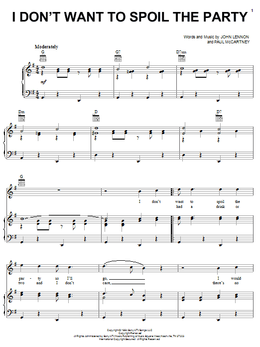 Preview The Beatles I Don't Want To Spoil The Party Rock sheet music, notes and chords for Piano, Vocal & Guitar (Right-Hand Melody), SKU: 25878 sheet music, piano notes, chords, guitar tabs, score, transpose, transcribe, how to play, guide, download, learn, tutorial, progression, song, artist, awards, billboard, mtv, vh1, tour, single, album, release