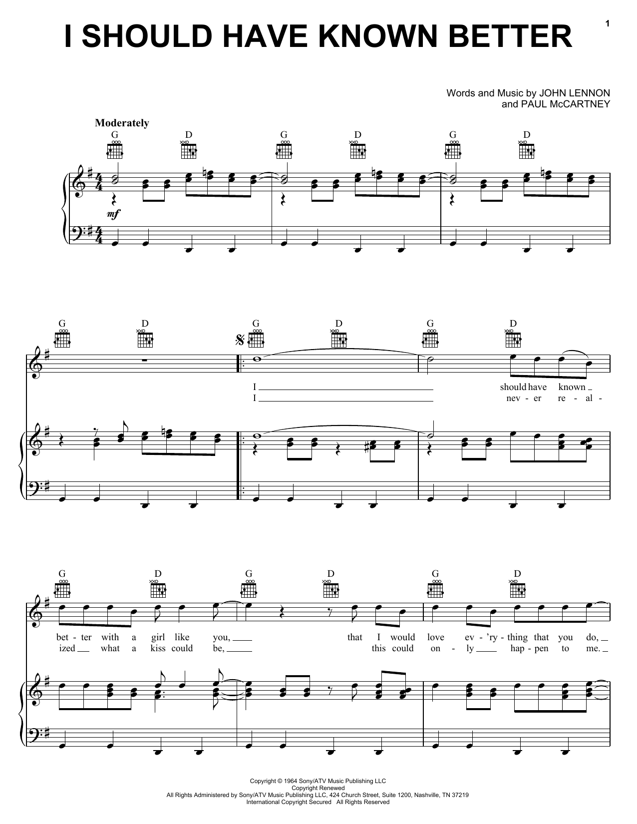 Preview The Beatles I Should Have Known Better Rock sheet music, notes and chords for Piano, Vocal & Guitar (Right-Hand Melody), SKU: 25879 sheet music, piano notes, chords, guitar tabs, score, transpose, transcribe, how to play, guide, download, learn, tutorial, progression, song, artist, awards, billboard, mtv, vh1, tour, single, album, release