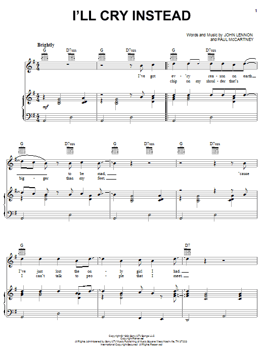Preview The Beatles I'll Cry Instead Rock sheet music, notes and chords for Piano, Vocal & Guitar (Right-Hand Melody), SKU: 25880 sheet music, piano notes, chords, guitar tabs, score, transpose, transcribe, how to play, guide, download, learn, tutorial, progression, song, artist, awards, billboard, mtv, vh1, tour, single, album, release