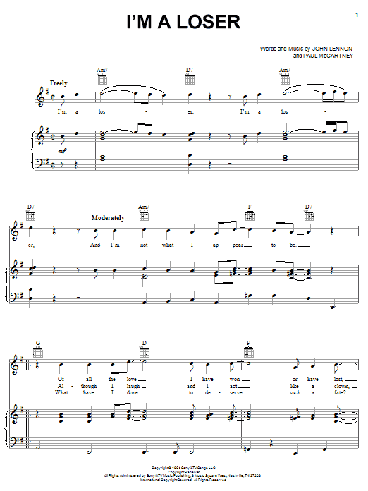Preview The Beatles I'm A Loser Rock sheet music, notes and chords for Piano, Vocal & Guitar (Right-Hand Melody), SKU: 25881 sheet music, piano notes, chords, guitar tabs, score, transpose, transcribe, how to play, guide, download, learn, tutorial, progression, song, artist, awards, billboard, mtv, vh1, tour, single, album, release