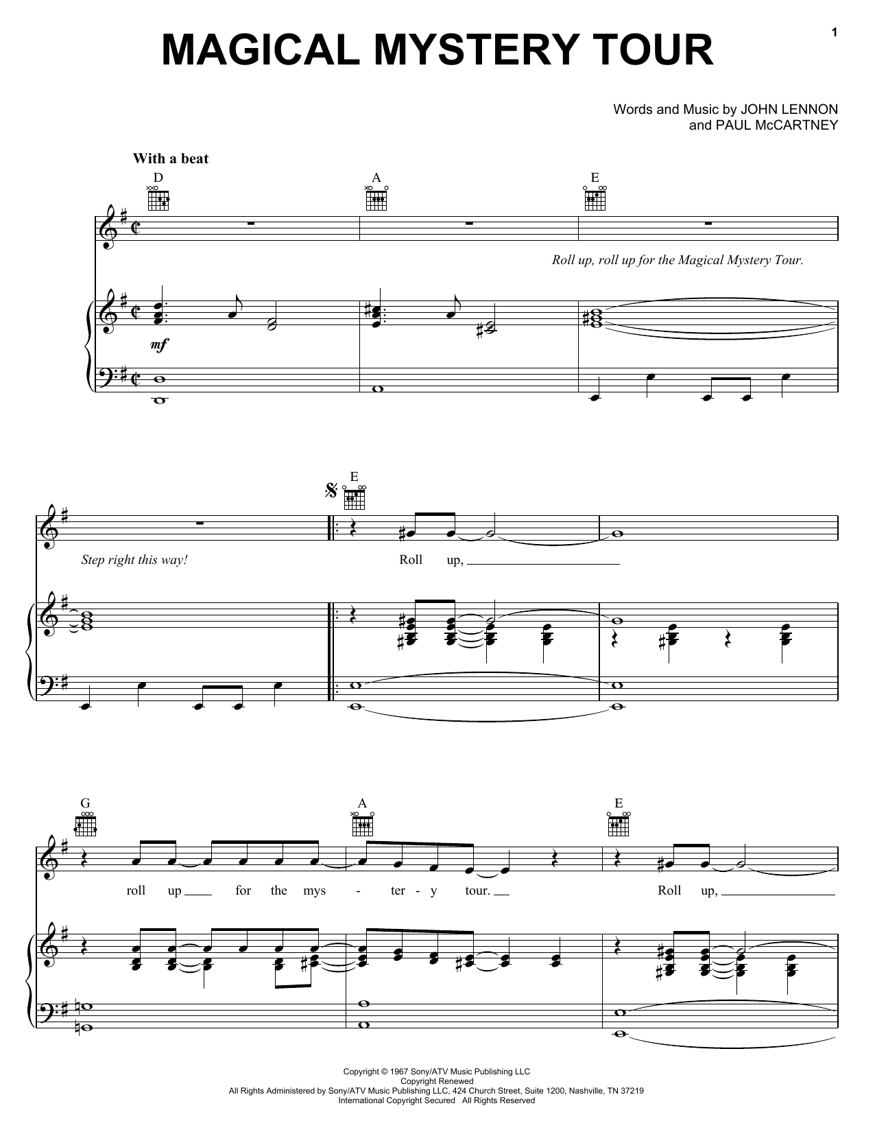 Preview The Beatles Magical Mystery Tour Rock sheet music, notes and chords for Piano, Vocal & Guitar (Right-Hand Melody), SKU: 25885 sheet music, piano notes, chords, guitar tabs, score, transpose, transcribe, how to play, guide, download, learn, tutorial, progression, song, artist, awards, billboard, mtv, vh1, tour, single, album, release