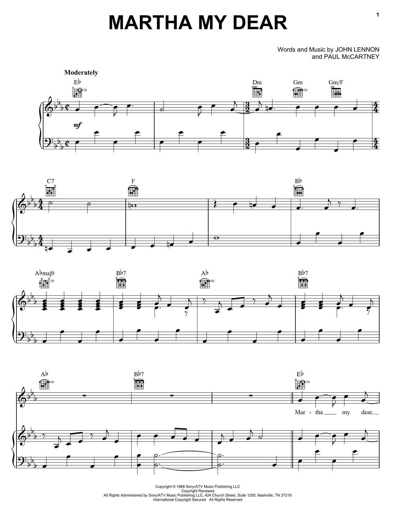 Preview The Beatles Martha My Dear Rock sheet music, notes and chords for Piano, Vocal & Guitar (Right-Hand Melody), SKU: 25886 sheet music, piano notes, chords, guitar tabs, score, transpose, transcribe, how to play, guide, download, learn, tutorial, progression, song, artist, awards, billboard, mtv, vh1, tour, single, album, release