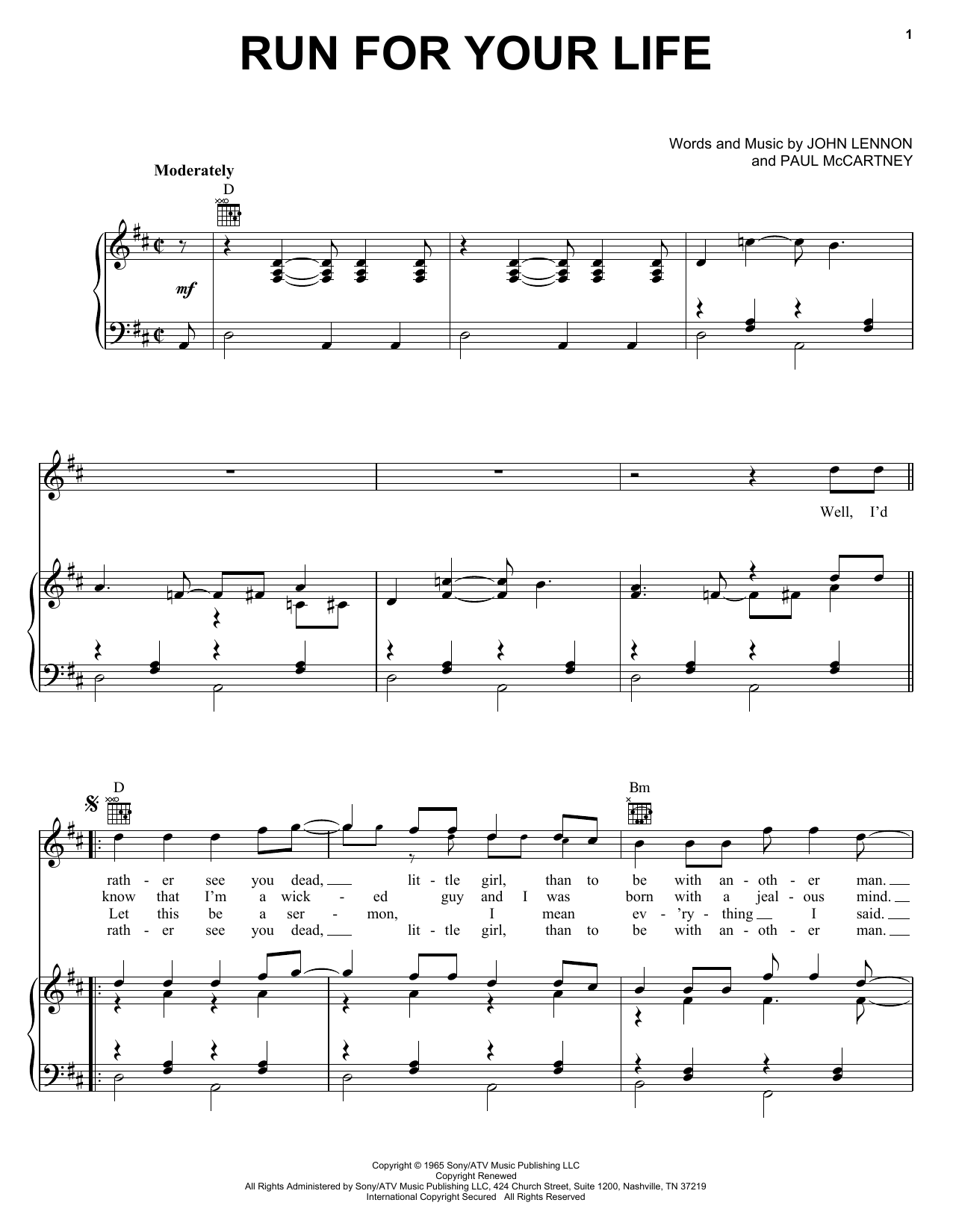 Preview The Beatles Run For Your Life Rock sheet music, notes and chords for Piano, Vocal & Guitar (Right-Hand Melody), SKU: 25888 sheet music, piano notes, chords, guitar tabs, score, transpose, transcribe, how to play, guide, download, learn, tutorial, progression, song, artist, awards, billboard, mtv, vh1, tour, single, album, release