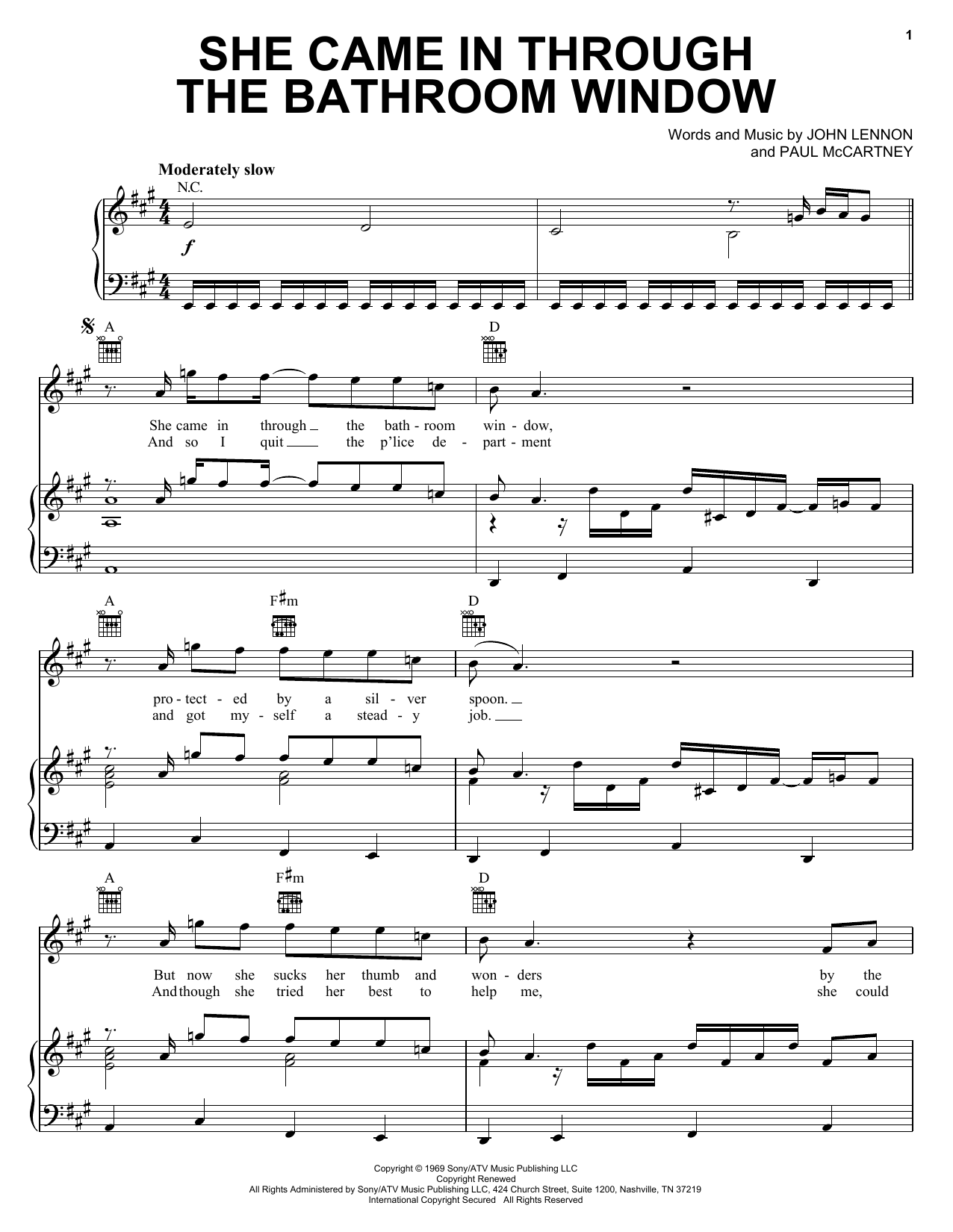 Preview The Beatles She Came In Through The Bathroom Window Rock sheet music, notes and chords for Piano, Vocal & Guitar (Right-Hand Melody), SKU: 25889 sheet music, piano notes, chords, guitar tabs, score, transpose, transcribe, how to play, guide, download, learn, tutorial, progression, song, artist, awards, billboard, mtv, vh1, tour, single, album, release