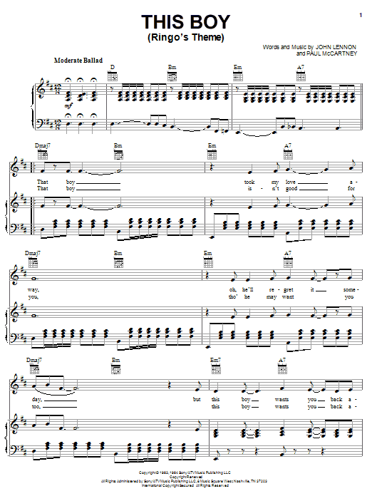 Preview The Beatles This Boy (Ringo's Theme) Rock sheet music, notes and chords for Piano, Vocal & Guitar (Right-Hand Melody), SKU: 25890 sheet music, piano notes, chords, guitar tabs, score, transpose, transcribe, how to play, guide, download, learn, tutorial, progression, song, artist, awards, billboard, mtv, vh1, tour, single, album, release