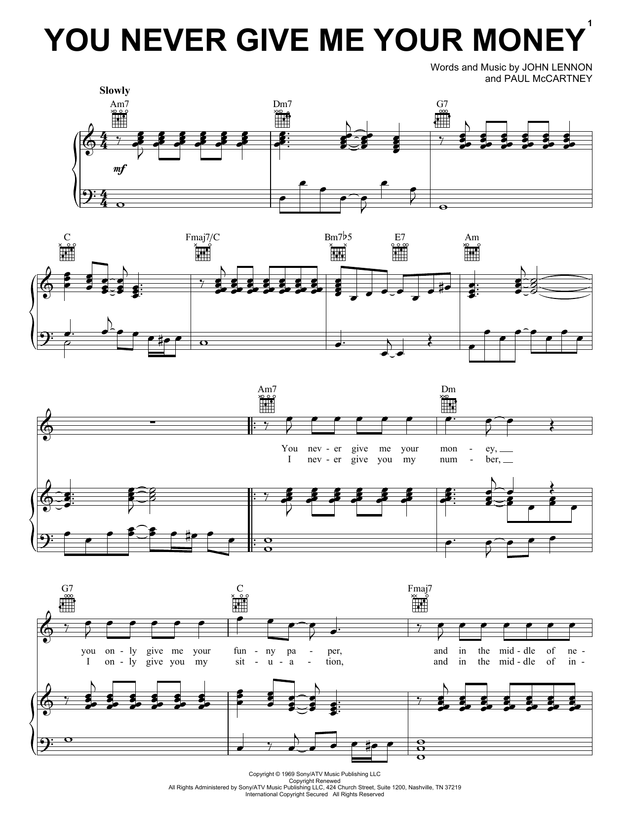 Preview The Beatles You Never Give Me Your Money Rock sheet music, notes and chords for Piano, Vocal & Guitar (Right-Hand Melody), SKU: 25892 sheet music, piano notes, chords, guitar tabs, score, transpose, transcribe, how to play, guide, download, learn, tutorial, progression, song, artist, awards, billboard, mtv, vh1, tour, single, album, release