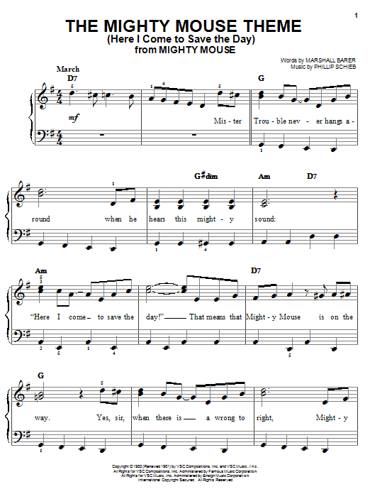 Preview Marshall Barer The Mighty Mouse Theme (Here I Come To Save The Day) Children sheet music, notes and chords for Easy Piano, SKU: 25894 sheet music, piano notes, chords, guitar tabs, score, transpose, transcribe, how to play, guide, download, learn, tutorial, progression, song, artist, awards, billboard, mtv, vh1, tour, single, album, release