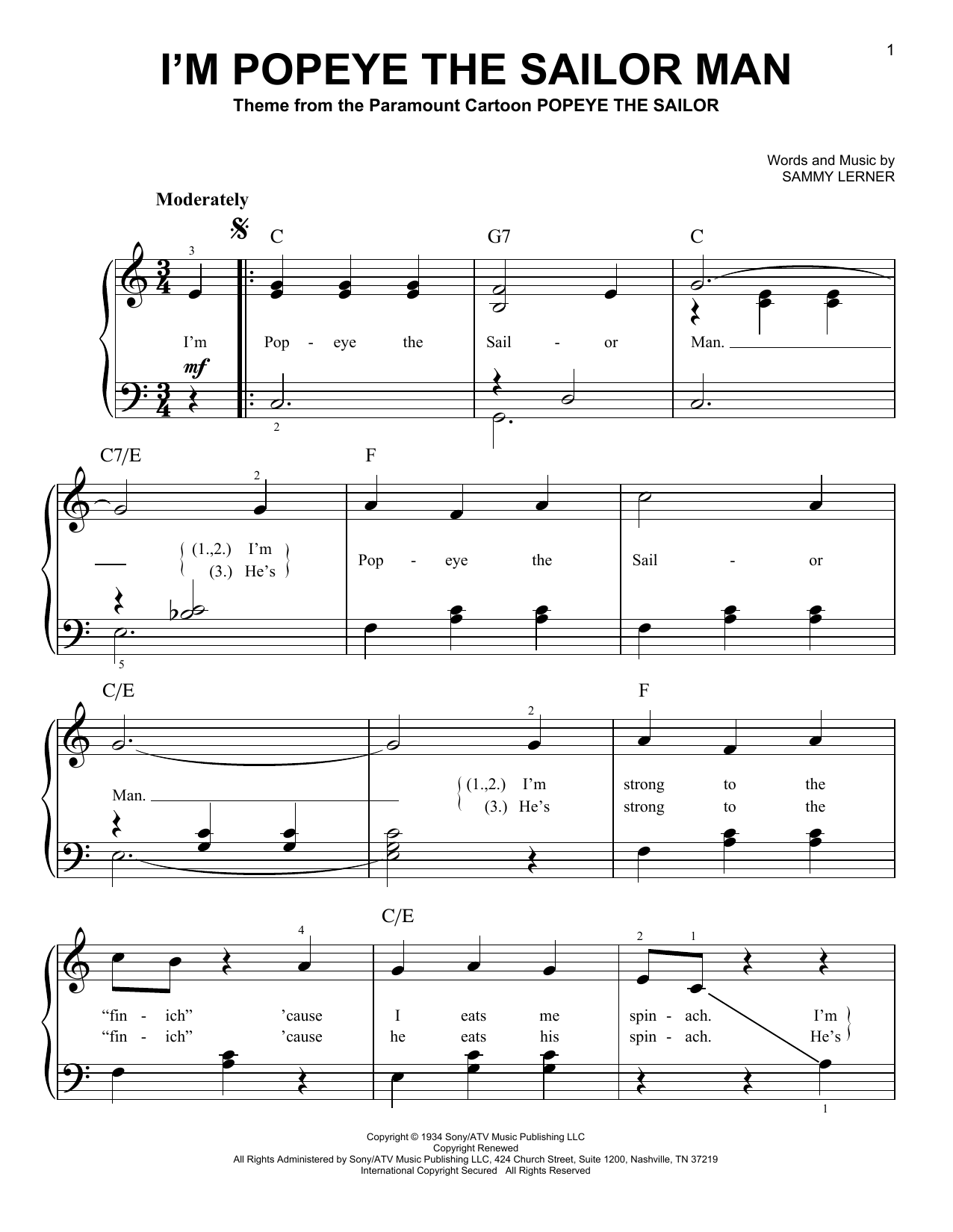 Preview Sammy Lerner I'm Popeye The Sailor Man Children sheet music, notes and chords for Easy Piano, SKU: 25896 sheet music, piano notes, chords, guitar tabs, score, transpose, transcribe, how to play, guide, download, learn, tutorial, progression, song, artist, awards, billboard, mtv, vh1, tour, single, album, release
