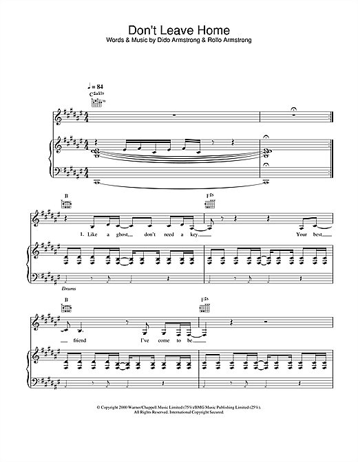 Preview Dido Don't Leave Home Pop sheet music, notes and chords for Piano, Vocal & Guitar, SKU: 25898 sheet music, piano notes, chords, guitar tabs, score, transpose, transcribe, how to play, guide, download, learn, tutorial, progression, song, artist, awards, billboard, mtv, vh1, tour, single, album, release