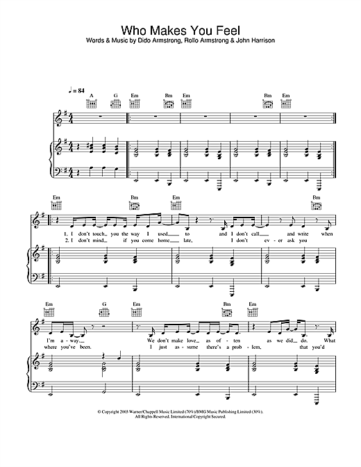 Preview Dido Who Makes You Feel Pop sheet music, notes and chords for Piano, Vocal & Guitar, SKU: 25899 sheet music, piano notes, chords, guitar tabs, score, transpose, transcribe, how to play, guide, download, learn, tutorial, progression, song, artist, awards, billboard, mtv, vh1, tour, single, album, release