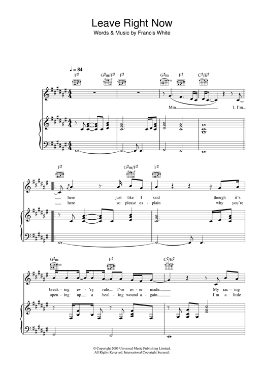 Preview Will Young Leave Right Now Pop sheet music, notes and chords for Piano, Vocal & Guitar, SKU: 25900 sheet music, piano notes, chords, guitar tabs, score, transpose, transcribe, how to play, guide, download, learn, tutorial, progression, song, artist, awards, billboard, mtv, vh1, tour, single, album, release