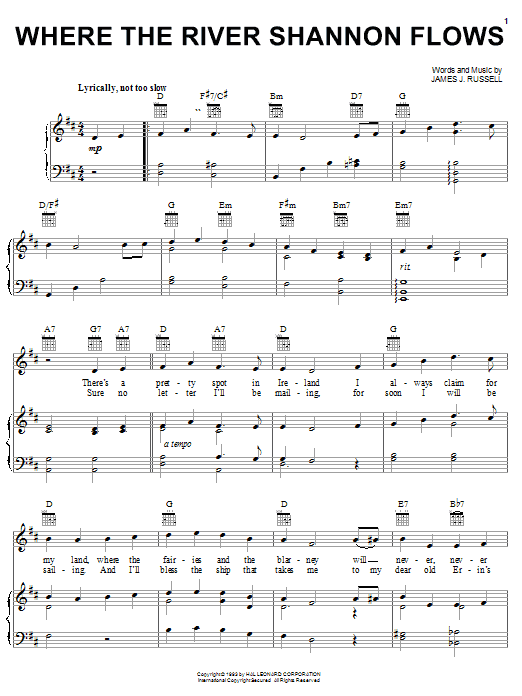 Preview James J. Russell Where The River Shannon Flows World sheet music, notes and chords for Piano, Vocal & Guitar (Right-Hand Melody), SKU: 25903 sheet music, piano notes, chords, guitar tabs, score, transpose, transcribe, how to play, guide, download, learn, tutorial, progression, song, artist, awards, billboard, mtv, vh1, tour, single, album, release