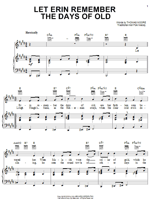 Preview Thomas Moore Let Erin Remember The Days Of Old World sheet music, notes and chords for Piano, Vocal & Guitar (Right-Hand Melody), SKU: 25907 sheet music, piano notes, chords, guitar tabs, score, transpose, transcribe, how to play, guide, download, learn, tutorial, progression, song, artist, awards, billboard, mtv, vh1, tour, single, album, release