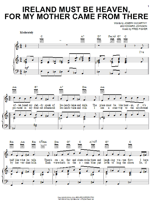 Preview Joseph McCarthy Ireland Must Be Heaven, For My Mother Came From There World sheet music, notes and chords for Piano, Vocal & Guitar (Right-Hand Melody), SKU: 25910 sheet music, piano notes, chords, guitar tabs, score, transpose, transcribe, how to play, guide, download, learn, tutorial, progression, song, artist, awards, billboard, mtv, vh1, tour, single, album, release