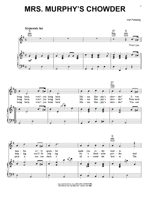 Preview Irish Folksong Mrs. Murphy's Chowder World sheet music, notes and chords for Piano, Vocal & Guitar (Right-Hand Melody), SKU: 25912 sheet music, piano notes, chords, guitar tabs, score, transpose, transcribe, how to play, guide, download, learn, tutorial, progression, song, artist, awards, billboard, mtv, vh1, tour, single, album, release