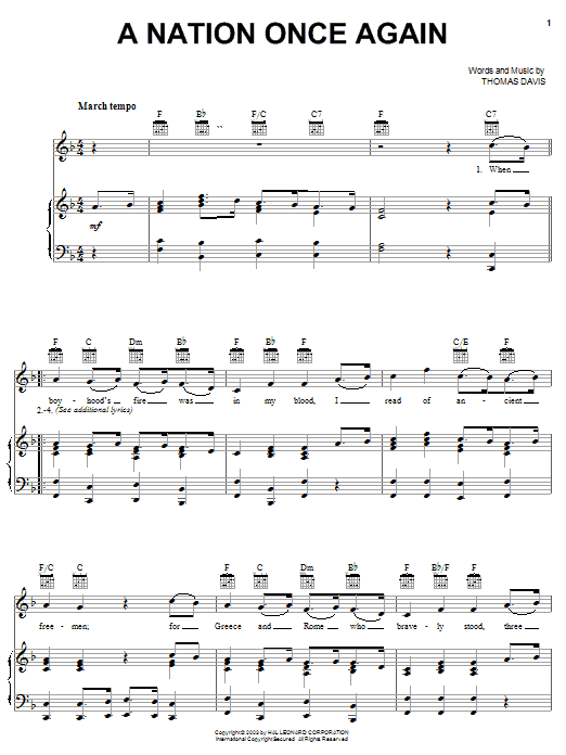 Preview Thomas Davis A Nation Once Again World sheet music, notes and chords for Piano, Vocal & Guitar (Right-Hand Melody), SKU: 25914 sheet music, piano notes, chords, guitar tabs, score, transpose, transcribe, how to play, guide, download, learn, tutorial, progression, song, artist, awards, billboard, mtv, vh1, tour, single, album, release