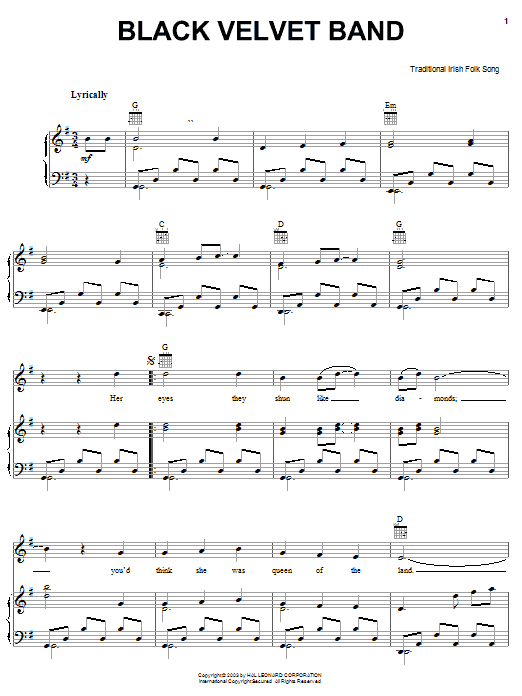 Preview Irish Folksong The Black Velvet Band World sheet music, notes and chords for Piano, Vocal & Guitar (Right-Hand Melody), SKU: 25915 sheet music, piano notes, chords, guitar tabs, score, transpose, transcribe, how to play, guide, download, learn, tutorial, progression, song, artist, awards, billboard, mtv, vh1, tour, single, album, release