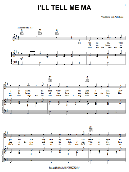 Preview Irish Folksong I'll Tell Me Ma World sheet music, notes and chords for Piano, Vocal & Guitar (Right-Hand Melody), SKU: 25918 sheet music, piano notes, chords, guitar tabs, score, transpose, transcribe, how to play, guide, download, learn, tutorial, progression, song, artist, awards, billboard, mtv, vh1, tour, single, album, release
