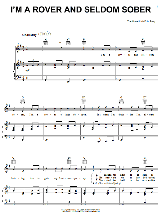 Preview Irish Folksong I'm A Rover And Seldom Sober World sheet music, notes and chords for Piano, Vocal & Guitar (Right-Hand Melody), SKU: 25919 sheet music, piano notes, chords, guitar tabs, score, transpose, transcribe, how to play, guide, download, learn, tutorial, progression, song, artist, awards, billboard, mtv, vh1, tour, single, album, release